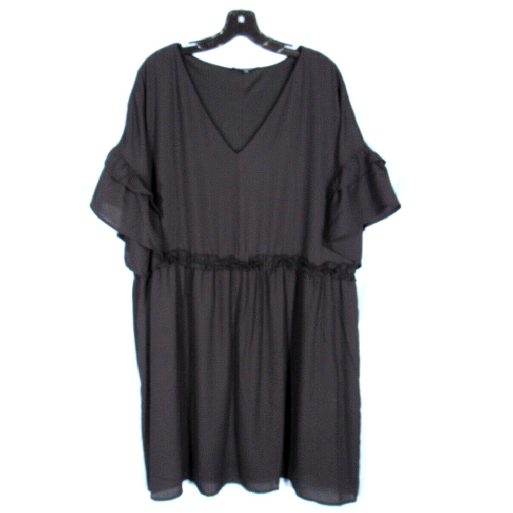 ANDREE By Unit WOMEN'S Black FLOWY V-Neck Ruffle Sleeve TIERED SHIFT DRESS Sz 2X